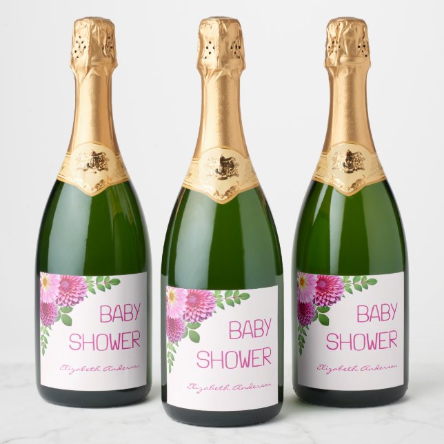 Pink Purple Dahlia Girl Baby Shower Sparkling Wine Label (Bottles)