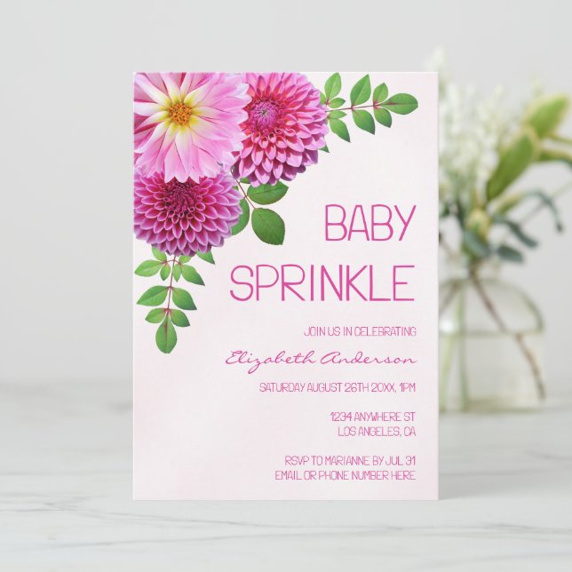 Pink Purple Dahlia Girl Baby Sprinkle Invitation (Standing Front)