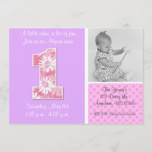 Pink Purple Daisy Girls First Birthday Invitation