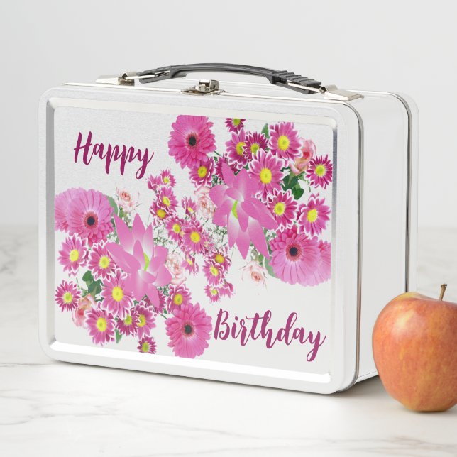 Pink & Purple Daisy Lotus Floral Greenery Birthday Metal Lunch Box (In Situ)