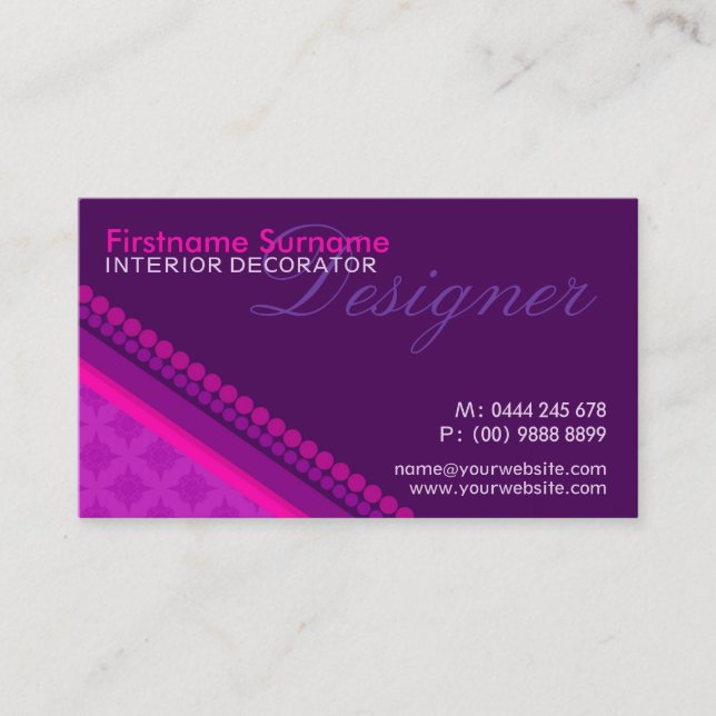 Pink Purple Damask Dots Style Designer Business Ca Business Card (Front)