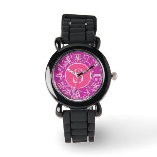 Pink, purple damask graphic monogram girls watch