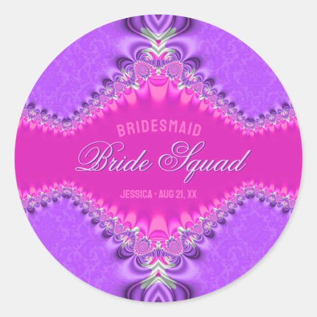 Pink Purple Damask Lace Bridal Squad Classic Round Sticker (Front)