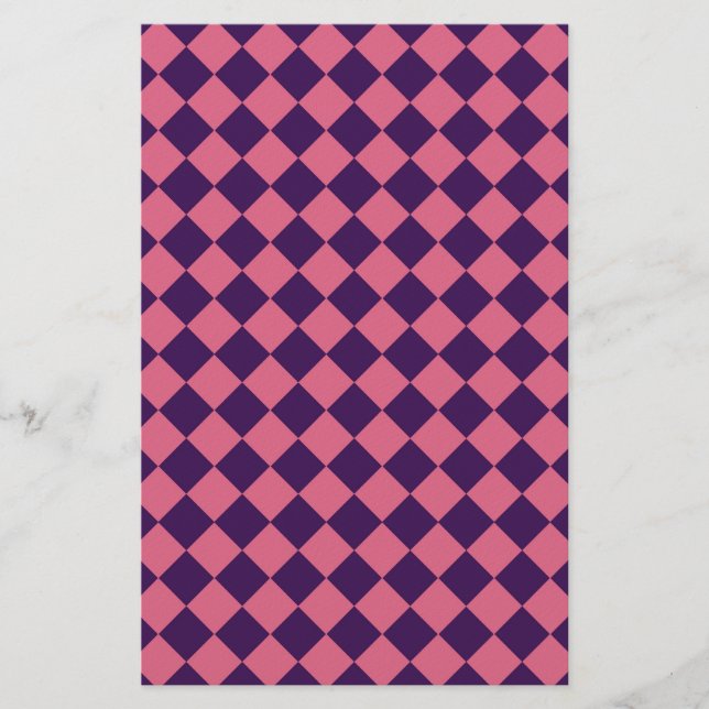 Pink Purple Diamond Harlequin Checker Pattern Stationery (Front)