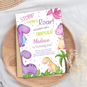 Pink Purple Dinosaur Birthday Invitations