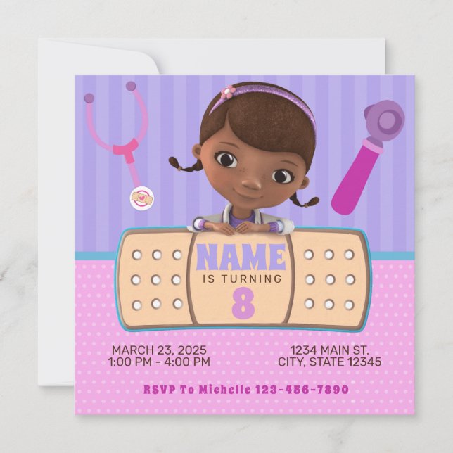 Pink Purple Doc Stuffins Birthday Invitation (Front)