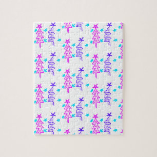 Pink Purple doodle christmas tree stars holiday pa Jigsaw Puzzle
