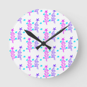 Pink Purple doodle christmas tree stars holiday pa Round Clock