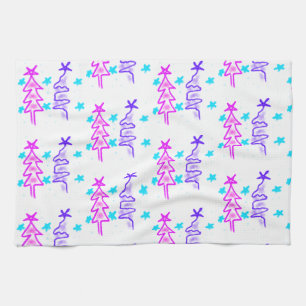 Pink Purple doodle christmas tree stars holiday pa Tea Towel