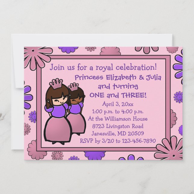Pink & Purple Double Princess Birthday Invitation (Front)