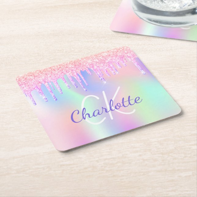 Pink purple drips holographic birthday square paper coaster (Angled)