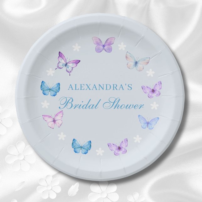 Pink Purple Dusty Blue Butterfly Bridal Shower Paper Plate (Creator Uploaded)
