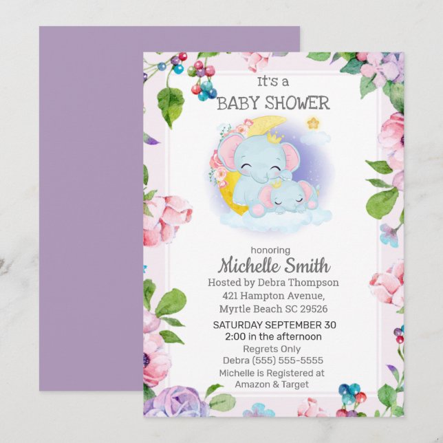 Pink Purple Elephant Floral  Mum Baby Shower   Invitation (Front/Back)