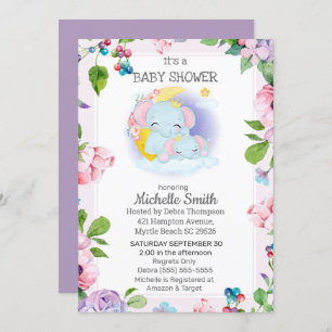 Pink Purple Elephant Floral  Mum Baby Shower   Invitation