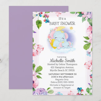 Pink Purple Elephant Floral Mum Baby Shower Invitation