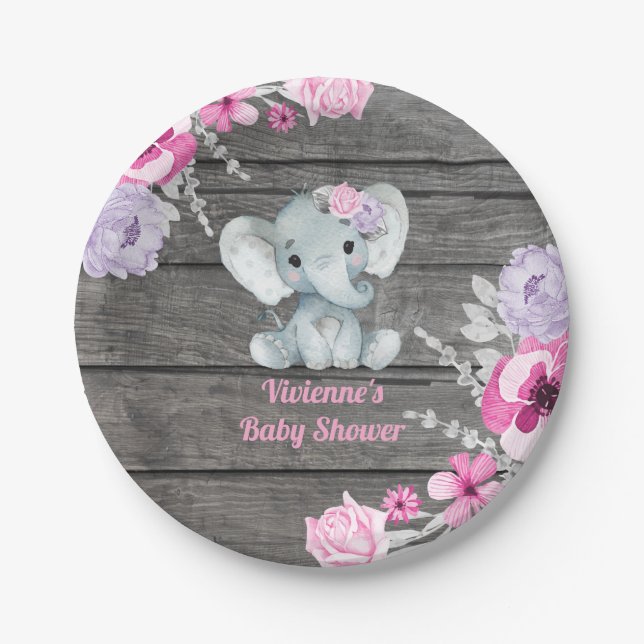 Pink Purple Elephant Plate 4 Baby Shower, Birthday (Front)