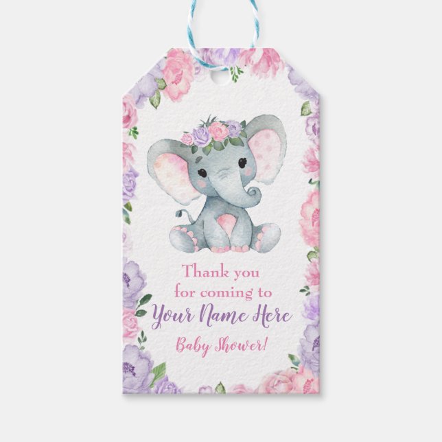 Pink Purple Elephant Thank You Tag Rustic Flowers (Front)