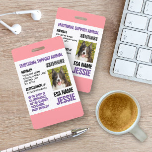 Pink Purple Emotional Support Animal Photo ID ID Badge