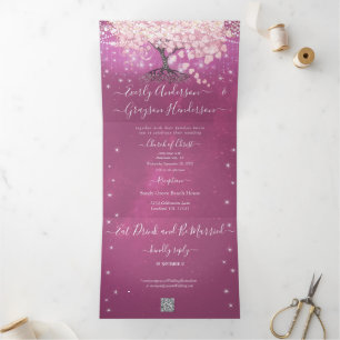 Pink & Purple Enchanted Heart Leaf Tree Wedding Tri-Fold Invitation