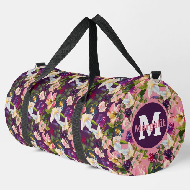 Pink Purple Exotic Flowers Floral Large Duffle Bag (Left Corner)