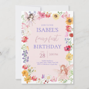 Pink Purple Fairy First Birthday Invitation