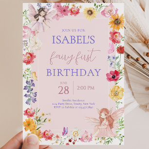 Pink Purple Fairy First Birthday Invitation
