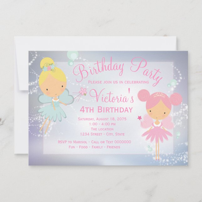 Pink Purple Fairy Princess Girl Birthday Party Invitation (Front)