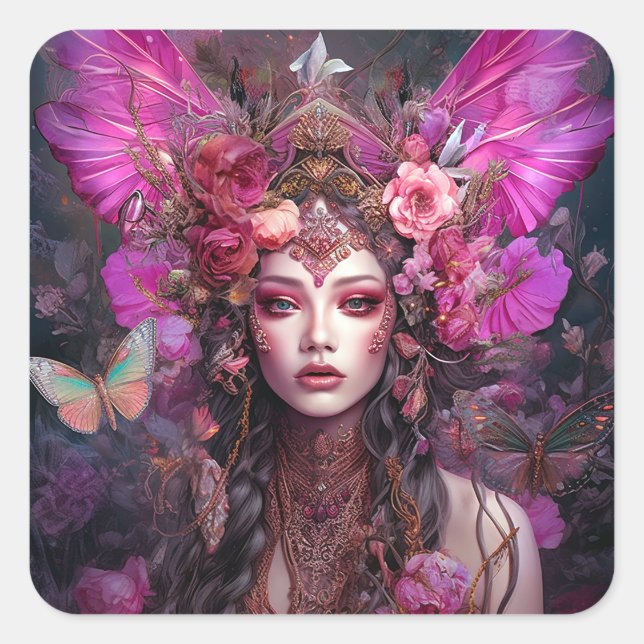Pink Purple Fairy Queen Fantasy Art Square Sticker (Front)