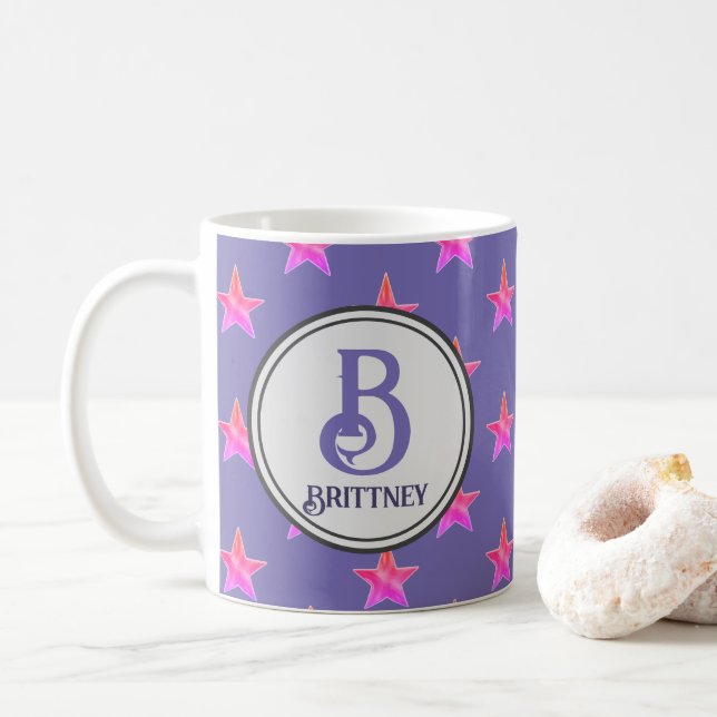 Pink Purple Family Initial Name Star Monogram Coffee Mug (With Donut)