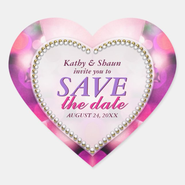 Pink Purple Fancy Save the Date Heart Stickers (Front)