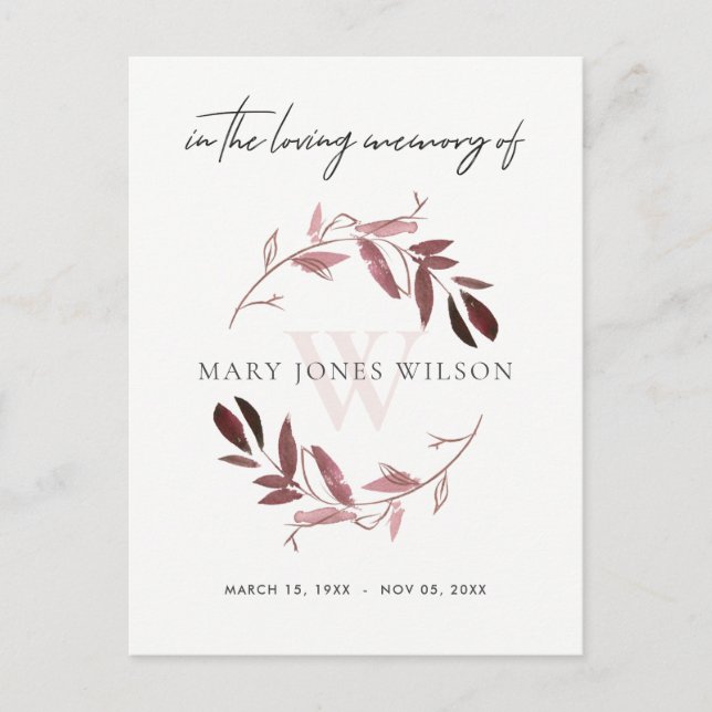 PINK PURPLE FAUNA WREATH SYMPATHY MEMORIAL SERVICE INVITATION POSTCARD (Front)