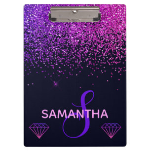 Pink & Purple faux Glitter & Diamonds Monogram Clipboard