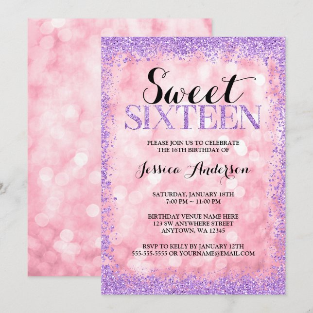 Pink Purple Faux Glitter Lights Sweet 16 Birthday Invitation (Front/Back)