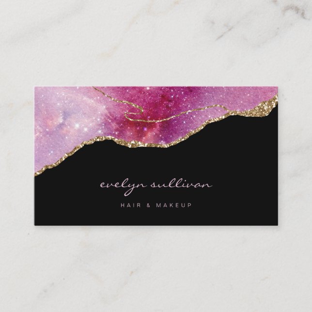 pink purple faux sparkle agate on black business card (Front)