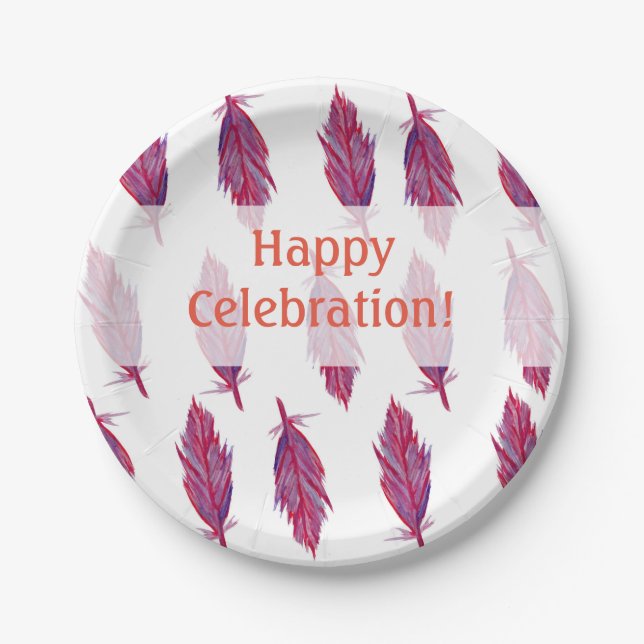 Pink Purple Feathers Happy Custom Paper Plates (Front)