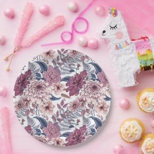 Pink purple ferns botanical florals slate blue  paper plate