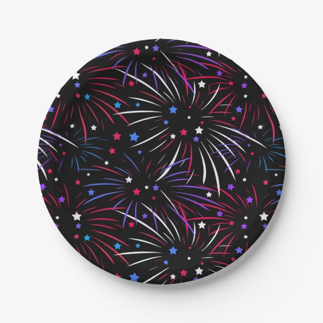 Pink Purple Fireworks Black Paper Plate (Front)