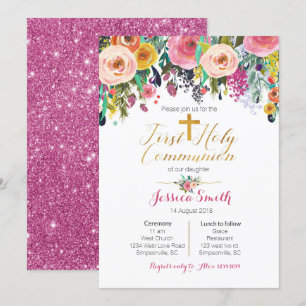 Pink Purple First Holy Communion Invitations