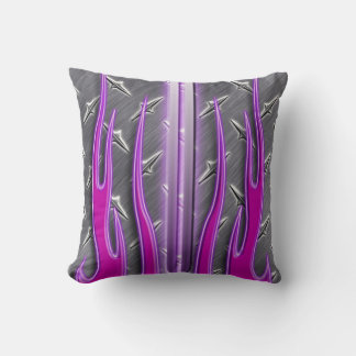Pink Purple Flames on Diamondplate Pattern Pillow