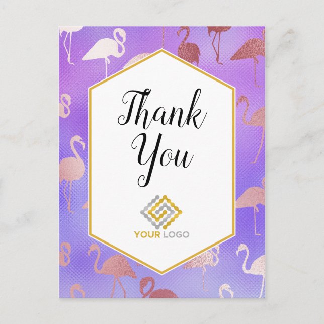Pink Purple Flamingos Thank You Logo Business Postcard (Front)