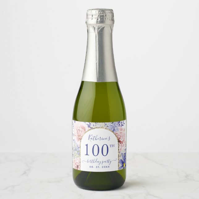 Pink Purple Floral 100th Birthday Party  Sparkling Wine Label (Front)