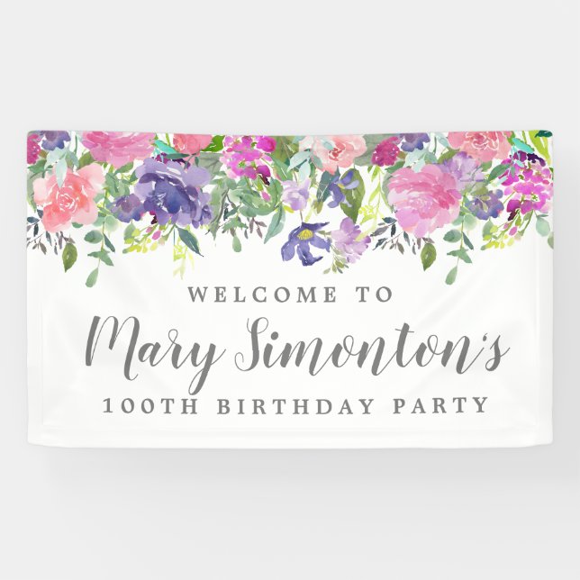 Pink Purple Floral 100th Birthday Party Welcome Banner (Horizontal)