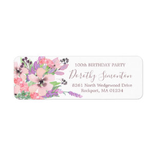 Pink Purple Floral 100th Birthday Return Address