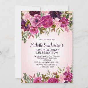 Pink Purple Floral 40th Birthday Invitation