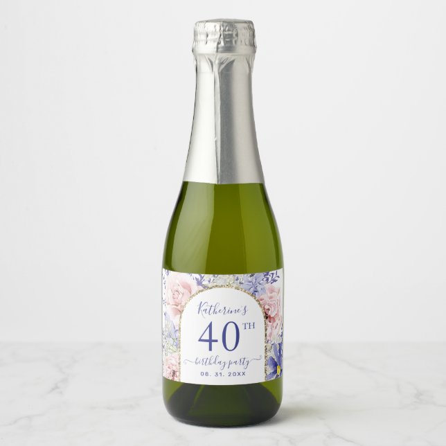 Pink Purple Floral 40th Birthday Party  Sparkling Wine Label (Front)