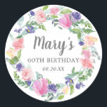 Pink Purple Floral 60th Birthday Envelope Seal<br><div class="desc">Beautiful floral wreath features pink roses, blue and purple peonies and soft green leaves.The Birthday celebrants name is written in a pretty script text. 60th Birthday and the date follow. Elegant way to seal invitation envelopes or party favours. This 60th birthday envelope seal is part of the 60th Birthday Festive...</div>