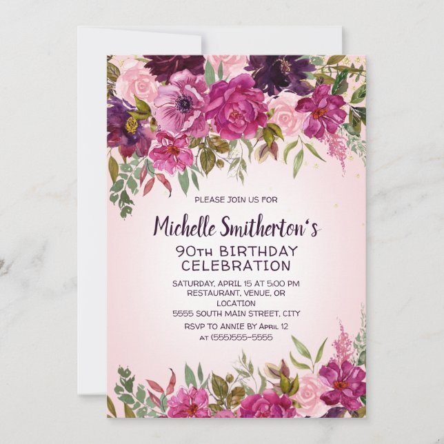 Pink Purple Floral 90th Birthday Invitation (Front)
