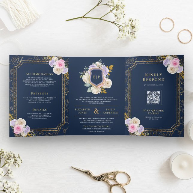 Pink Purple Floral All in One Crest Navy Wedding Tri-Fold Invitation (Creator Uploaded)