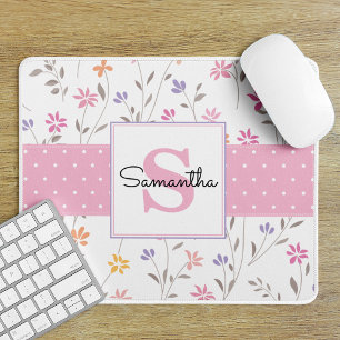 Pink Purple Floral and Polka Dot Monogrammed Mouse Mat