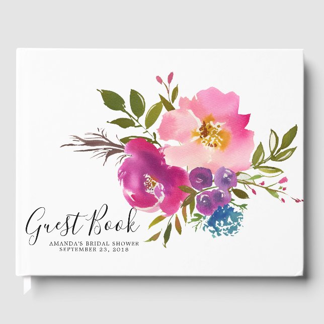 Pink & Purple Floral Baby Bridal Shower Guest Book (Front)